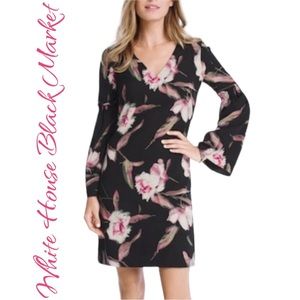 White House Black Market Floral Bell Sleeves Dress Sz 14 WHBM